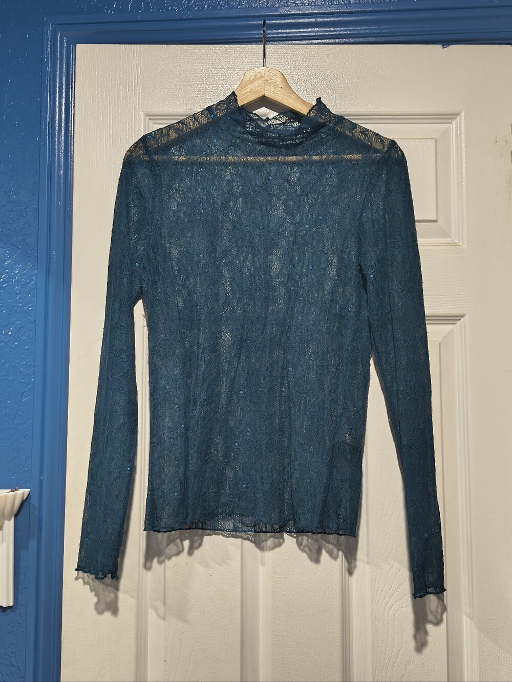 Anthropologie Teal Blue Sheer Lace Mock Neck Sequin Long Sleeve Top M